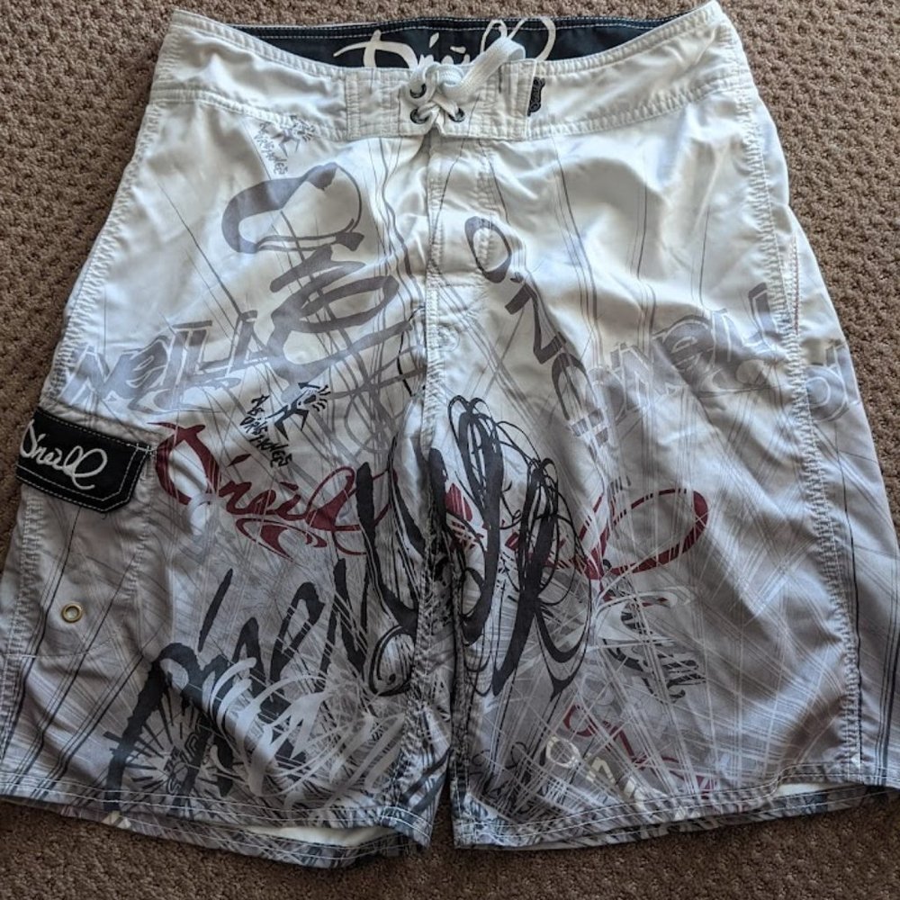 Men's O'NEILL White and Grey Swim Trunks with Side Velcro Pocket